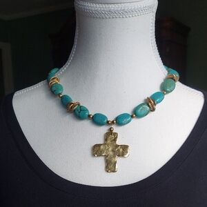Turquoise and Gold Cross Necklace